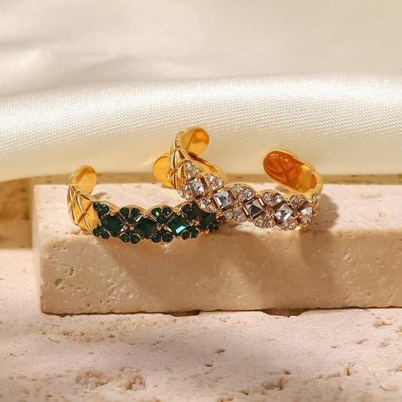 Green Zircon Lattice Texture Flower Ring 18K Gold Adjustable‎ - Picture 4 of 7